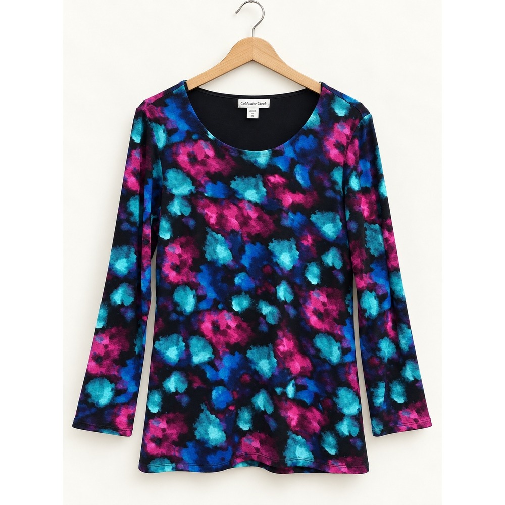 Coldwater Creek Womens 14 L Blue Pink Abstract Watercolor Long Sleeve Blouse